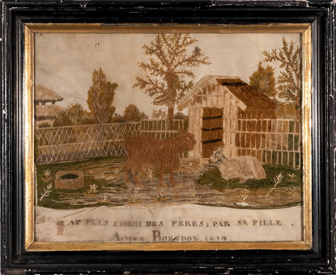Sheep sampler by Aimee Boredon dated 1822: Below the scene, inscribed in French, is something like (to the dearest of fathers: by his daughter) and below that her name Amiee Boredon 1822. The scene depicts a pair of sheep in a fenced pen besid