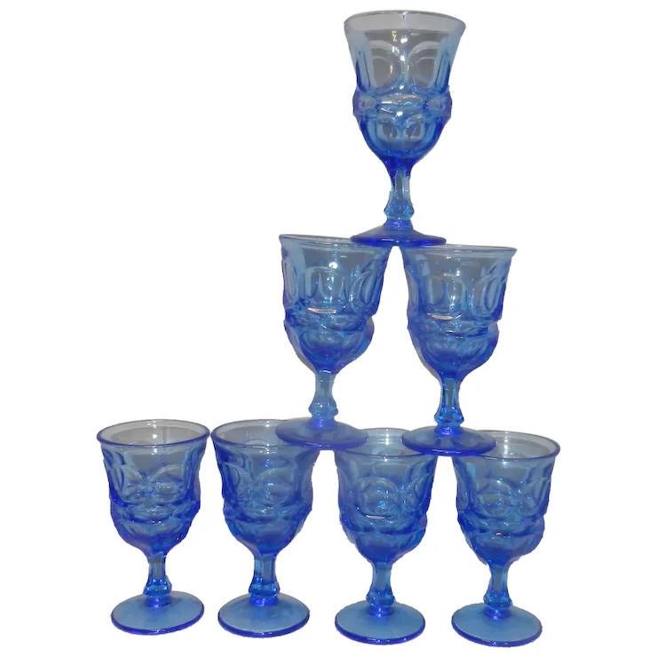 Vintage Set of Seven Blue Fostoria Argus Cordial Glasses: This Vintage Set of Seven Blue Fostoria Argus Cordial Glasses is in excellent condition. NO imperfections chips, stains etc. One of the more sought after patterns in Fostoria. Elegant but durable. The