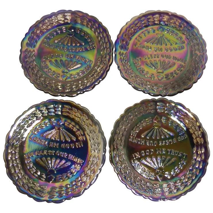 Vintage Blue Carnival Glass Saucer God Bless Our Home/In God We Trust Dorothy Taylor (1 of 10)