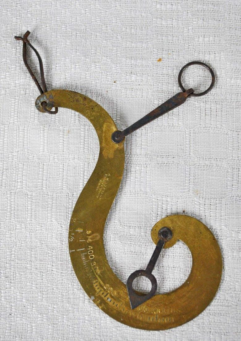 Antique Solid Brass Hand Held Balance Hanging Postal Scale, Signed (1 of 7)