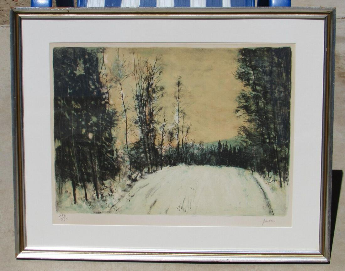 BERNARD GANTNER S/N Lithograph Winter Forest COA The Collector's Guild Ltd.: BERNARD GANTNER (1928-2018). Hand Signed/Numbered Lithograph with COA from The Collector's Guild, Inc. New York. Winter Forest Scene, 15-1/2" x 21-1/2" sight size lithograph (framed size: 23-1/2" x 29