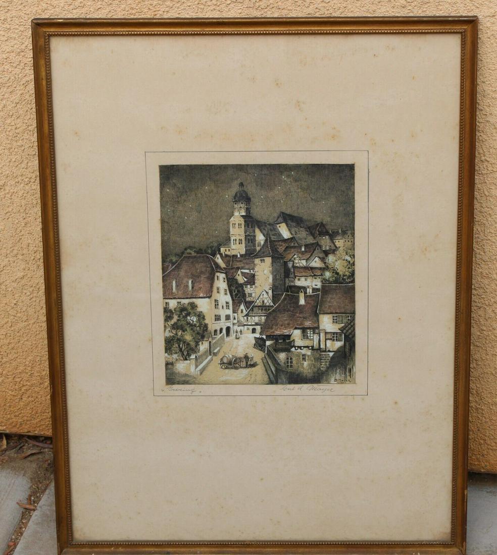 CARL ANTON MAYER Hand Signed Etching Evening in an Austrian Village 1945: CARL ANTON MAYER (Austrian, born 1895). Etching. Evening in an Austrian Village, 1945, 11-1/4" x 9-1/2" image size (framed size: 27-1/2" x 21") titled lower left: "Evening". Signed lower right: Carl A