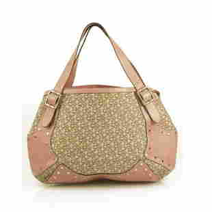 Donna Karan DKNY Signature Beige Canvas Pink Leather Studded Hobo Shoulder bag: Donna Karan DKNY Signature Beige Canvas Pink Leather Studded Hobo Shoulder bag Extra impressive and luxurious this DKNY bag is such a practical yet beautiful piece! This bag features signature DKNY be
