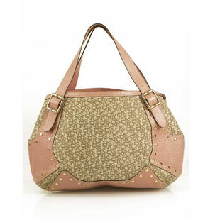 Donna Karan DKNY Signature Beige Canvas Pink Leather Studded Hobo Shoulder bag: Donna Karan DKNY Signature Beige Canvas Pink Leather Studded Hobo Shoulder bag Extra impressive and luxurious this DKNY bag is such a practical yet beautiful piece! This bag features signature DKNY be