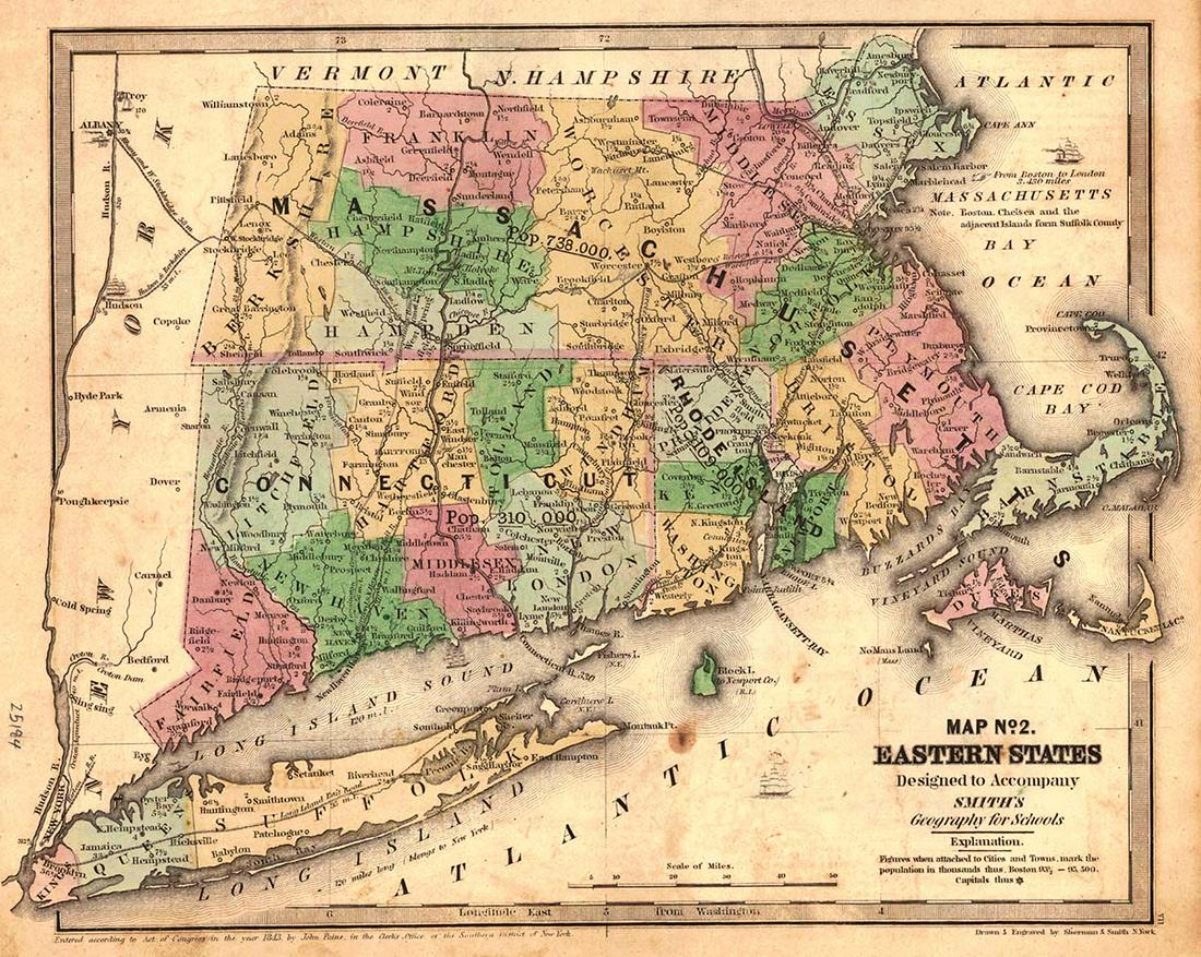 Map No. 2 Eastern States: Publication Date: 1844 Title: Map No. 2 Eastern States Cartographer: SHERMAN/SMITH Publisher: DANIEL BURGESS & CO. Height: 8.5 Width: 11.25 "Designed to accompany Smith's Geography for Schools" Map sh