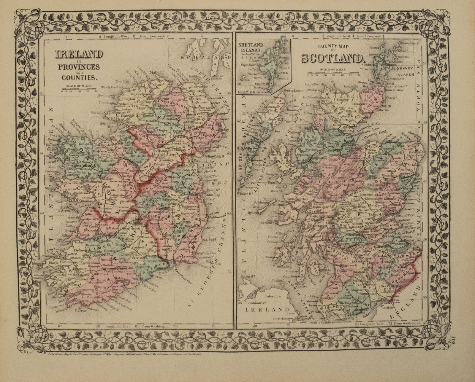 1876 Mitchell Map of France, Spain, Portugal, Switzerland [verso] Ireland and Scotland -- Map of: Title: 1876 Mitchell Map of France, Spain, Portugal, Switzerland [verso] Ireland and Scotland -- Map of France, Spain and Portugal [verso] Ireland in Provinces and Counties [and] County Map of Scotlan