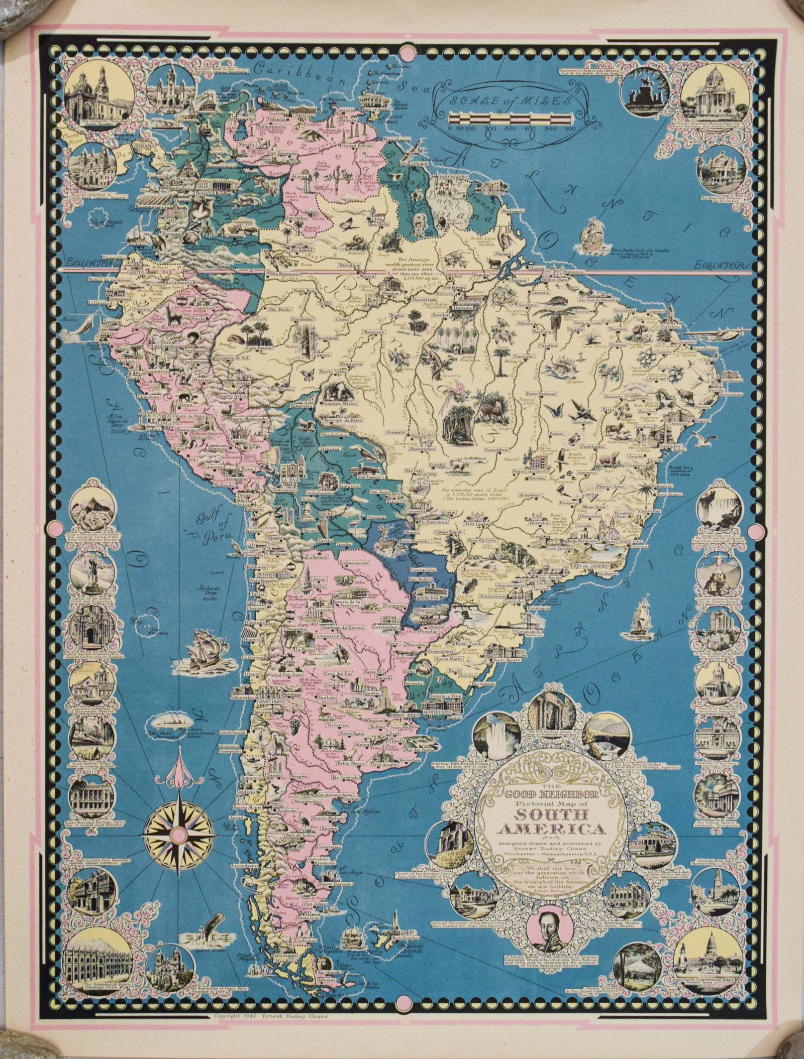 1942 Chase Pictorial Map of South America -- The Good Neighbor; Pictorial Map of South America: Title: 1942 Chase Pictorial Map of South America -- The Good Neighbor; Pictorial Map of South America Cartographer: E D Chase Year / Place: 1942, Wincester, MA Map Dimension (in.): 27.5 X 20.3 in. Thi