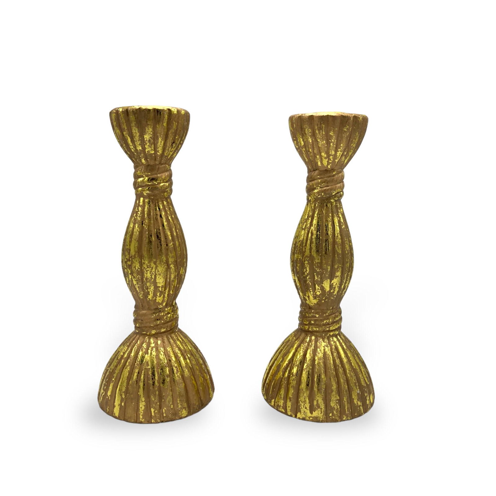 Pair 9" Terracotta Tied Wheat Candlestick Candle-holders. Early 20th century look. Rounded Footed (1 of 4)