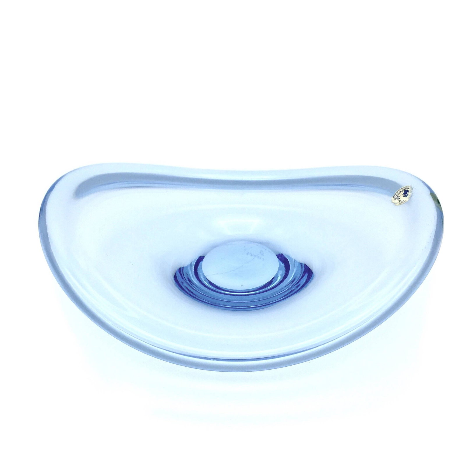 Bowl, Fried Egg Shape of Blue-to-Clear Mid-Century Minimalist Swedish Art Glass by Holmegaard.: Title: Bowl, Fried Egg Shape of Blue-to-Clear Mid-Century Minimalist Swedish Art Glass by Holmegaard. Partial STICKER, Dish, Ashtray or Catchall Description: Vintage from the 1950s Materials: Glass, h