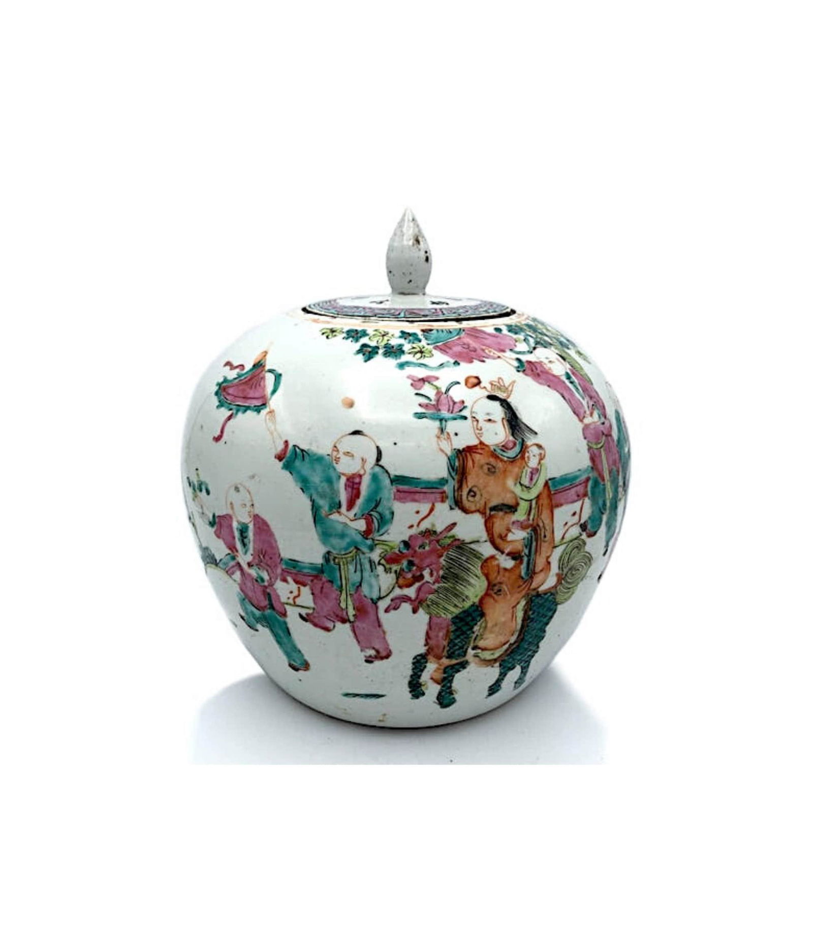 Antique Chinese Ginger Jar or Oriental or Vase w/ Married Greek Key Lid Rim w/ Courtiers, Umbrella, (1 of 5)