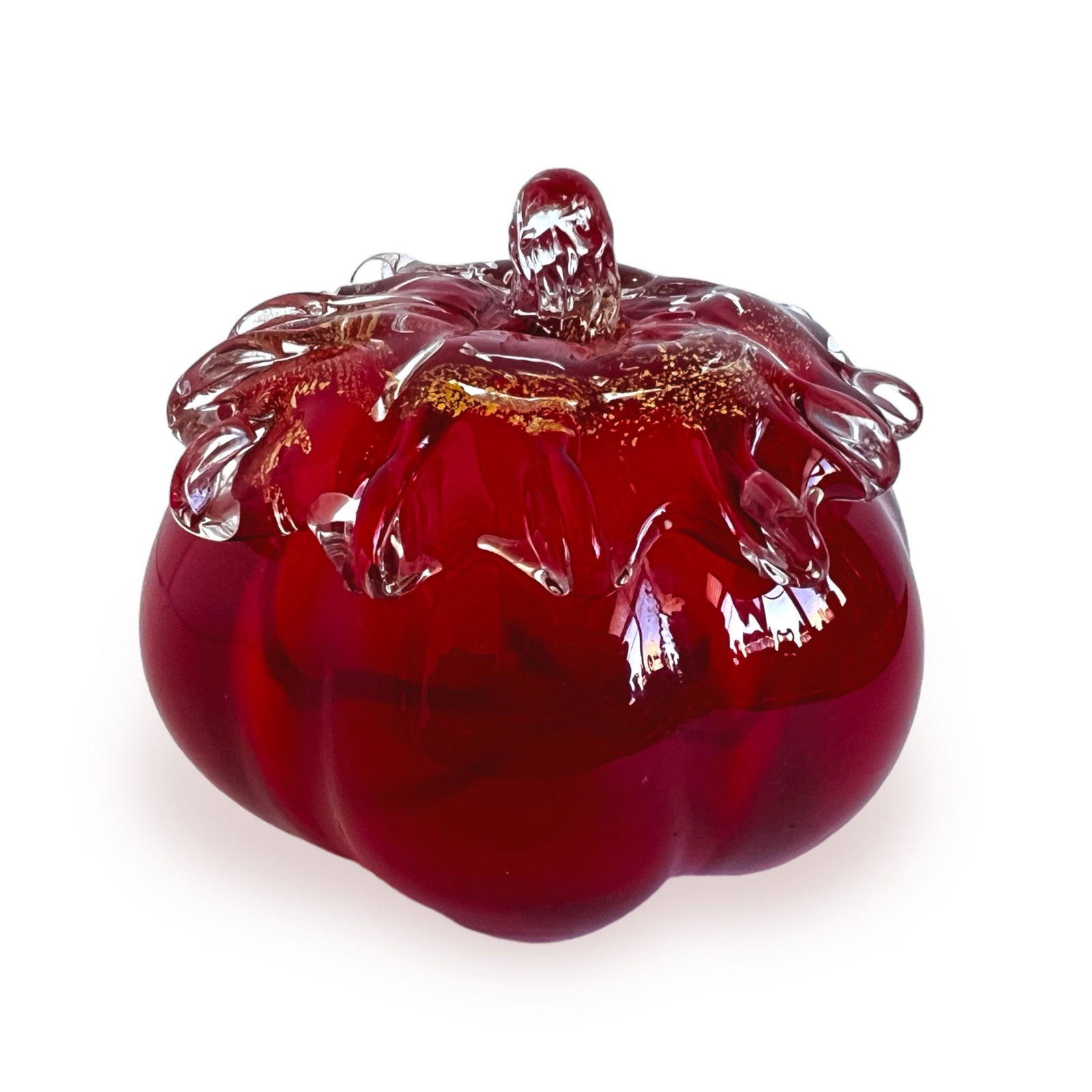 Murano Clear Red Art Glass Heirloom Tomato, Fruit or Gourd paperweight with Clear leaves or sepals (1 of 6)