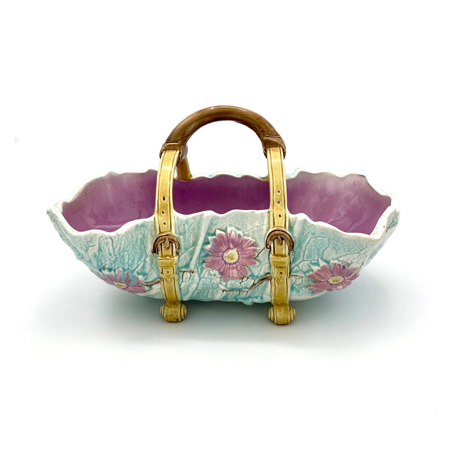 Majolica Large Cabbage Thomas Forester Centerpiece Basket Purse w/ Handle, Buckles, Scrolled Feet w/ (1 of 5)