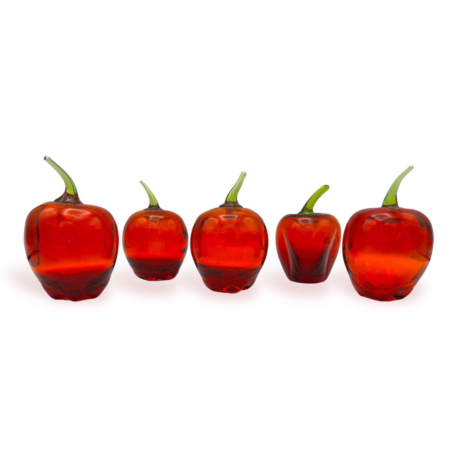 Red Art Glass Apples, Set of 5 Hollow Decorative FRUIT-FORM Paperweights from molds each with Unique (1 of 3)