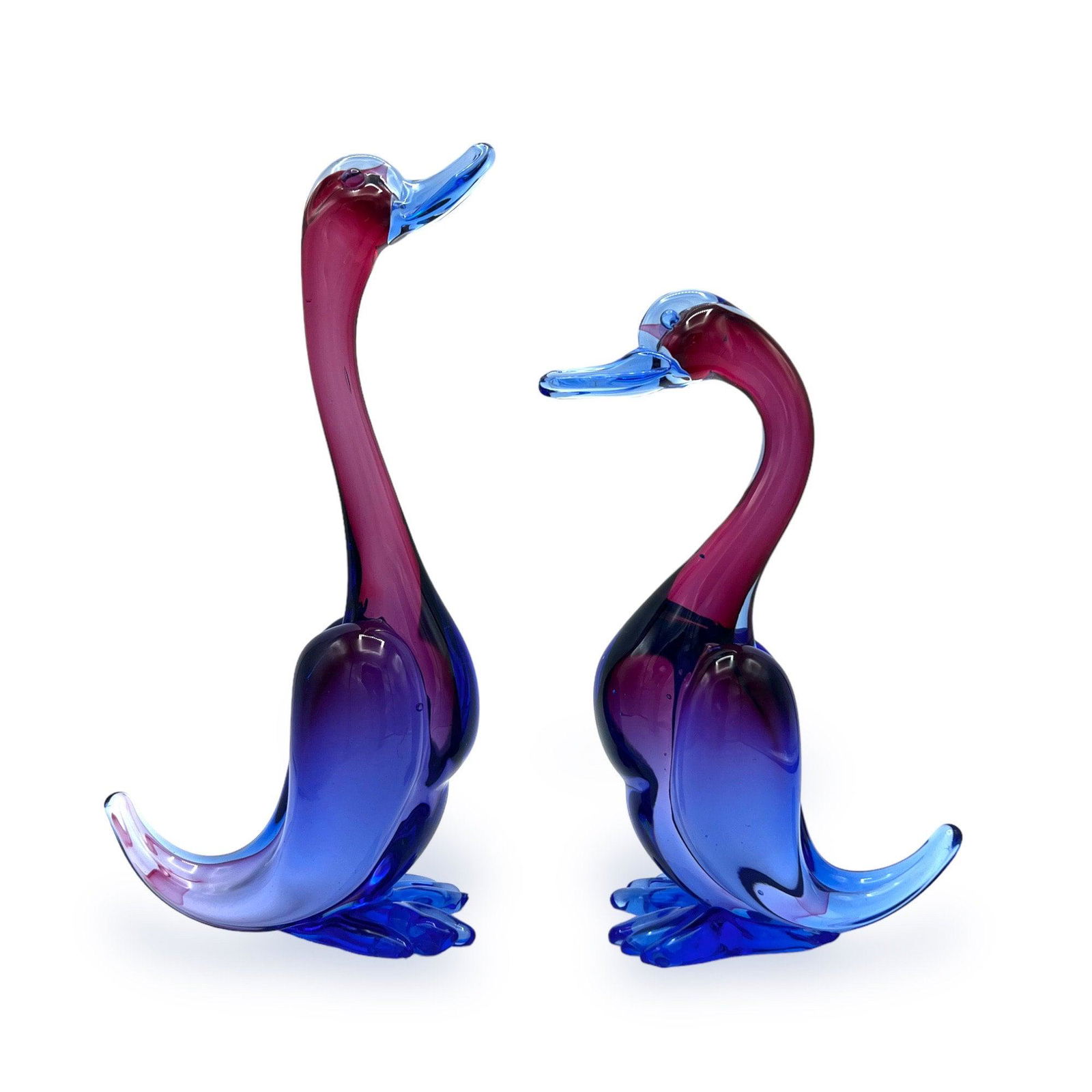 Mid Century Murano Seguso Pair of Cased Cranberry to Blue Ombre Glass Ducks / Swans Figures. Italian (1 of 3)