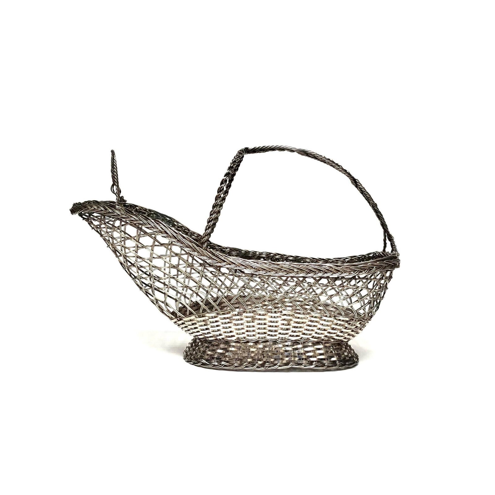 Basket for a Bottle, SilverTone Braided Wire Wine Bottle Caddy in Metalware Tablescape. Farmhouse: Title: Basket for a Bottle, SilverTone Braided Wire Wine Bottle Caddy in Metalware Tablescape. Farmhouse Decor | Picnic Champagne Bottle Holder Description: Materials: metal, wire, Metalware, base met
