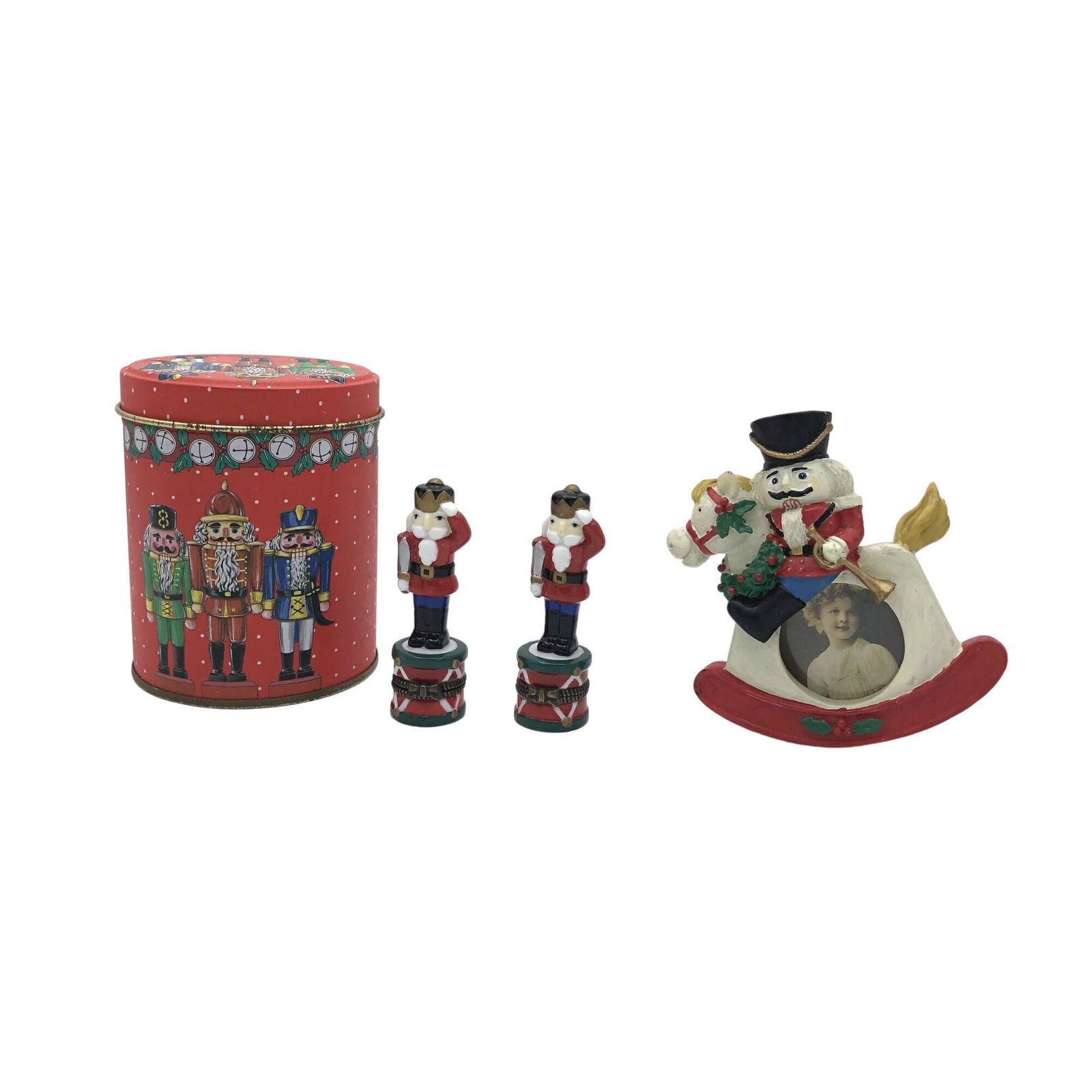 Christmas Nutcracker Decoration Grouping. Nutcracker Red Vintage Tin/Cookie Box with Nutcracker: Title: Christmas Nutcracker Decoration Grouping. Nutcracker Red Vintage Tin/Cookie Box with Nutcracker Porcelain Boxes and Vintage Picture Frame Description: Vintage from the 1960s Materials: Porcelai