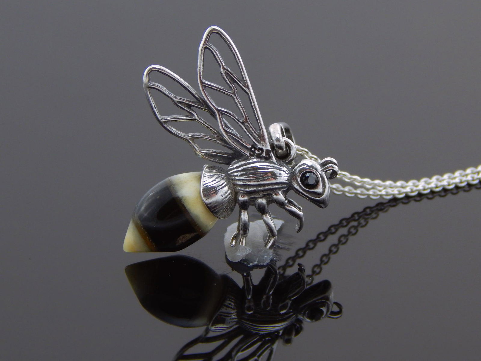 Natural Baltic Multicolor Amber Bumble Bee Necklace in 925 Silver (1 of 5)