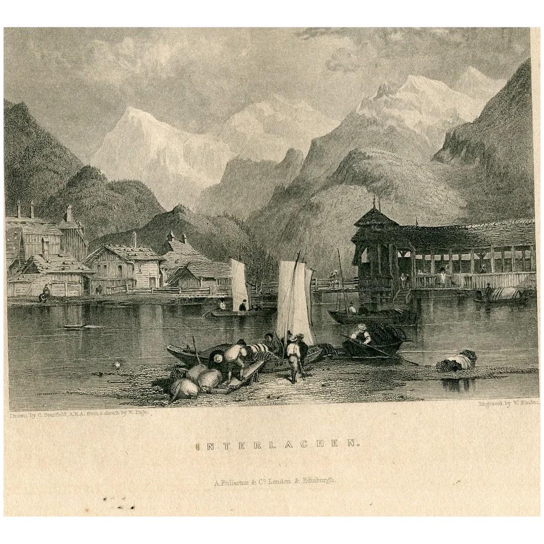 Interlaken, Switzerland. Antique steel engraving, c. 1833.: Title: Interlachen Artist: after drawing of William Page (British, 1794-1872). Artist: after sketch of Clarkson Stanfield (Bristish, 1793-1867). Engraving: William Finden (1787-1852). Description: ant