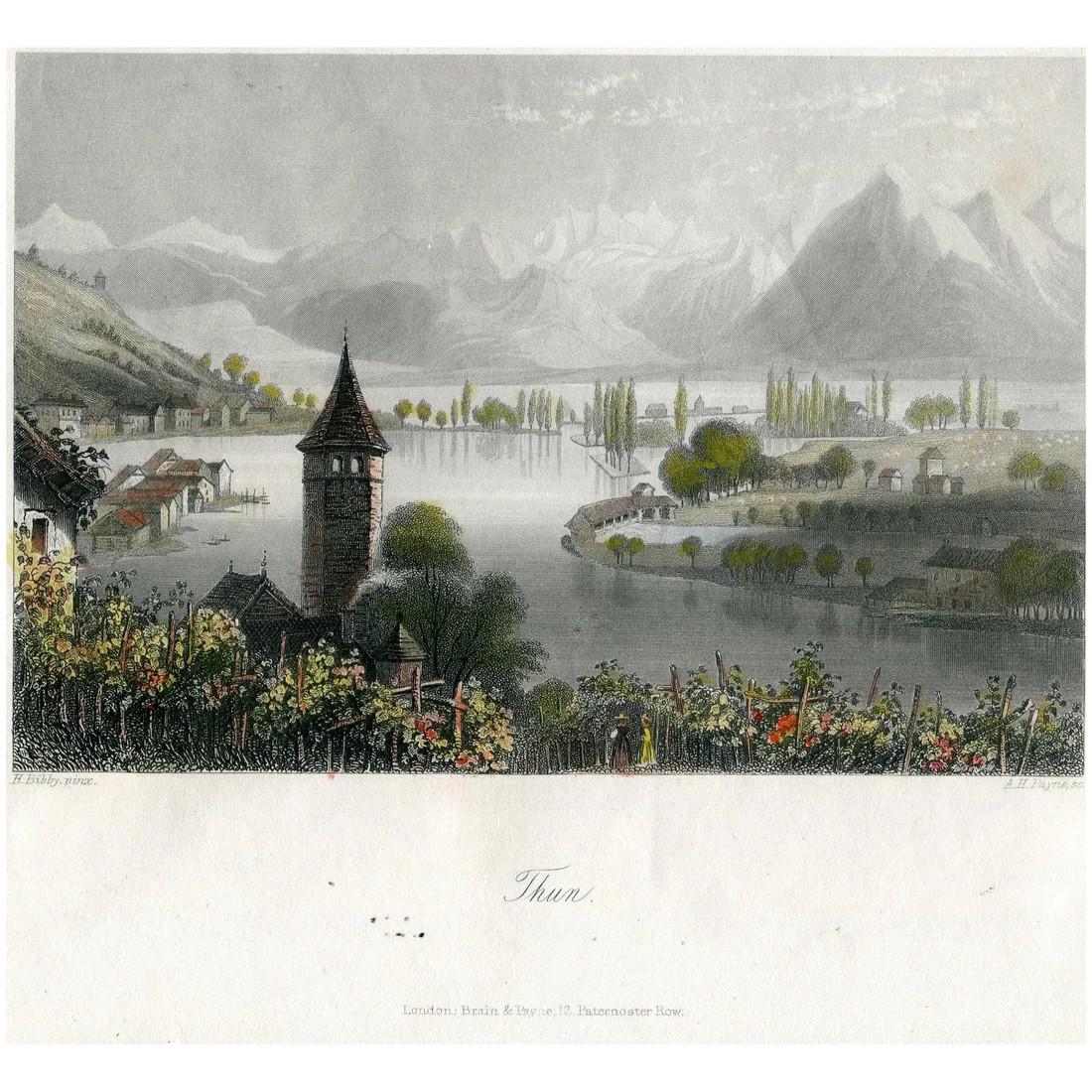 Thun (Switzerland). Original antique engraving.: Title: Thun (Switzerland). Artist: after H. Bibby (19thC-) Engraver: Albert Henry Payne (1812-1902). Image size: 10,4 x15,6 cms. Media: hand coloured antique steel engraving on thinck wove pape. Condi