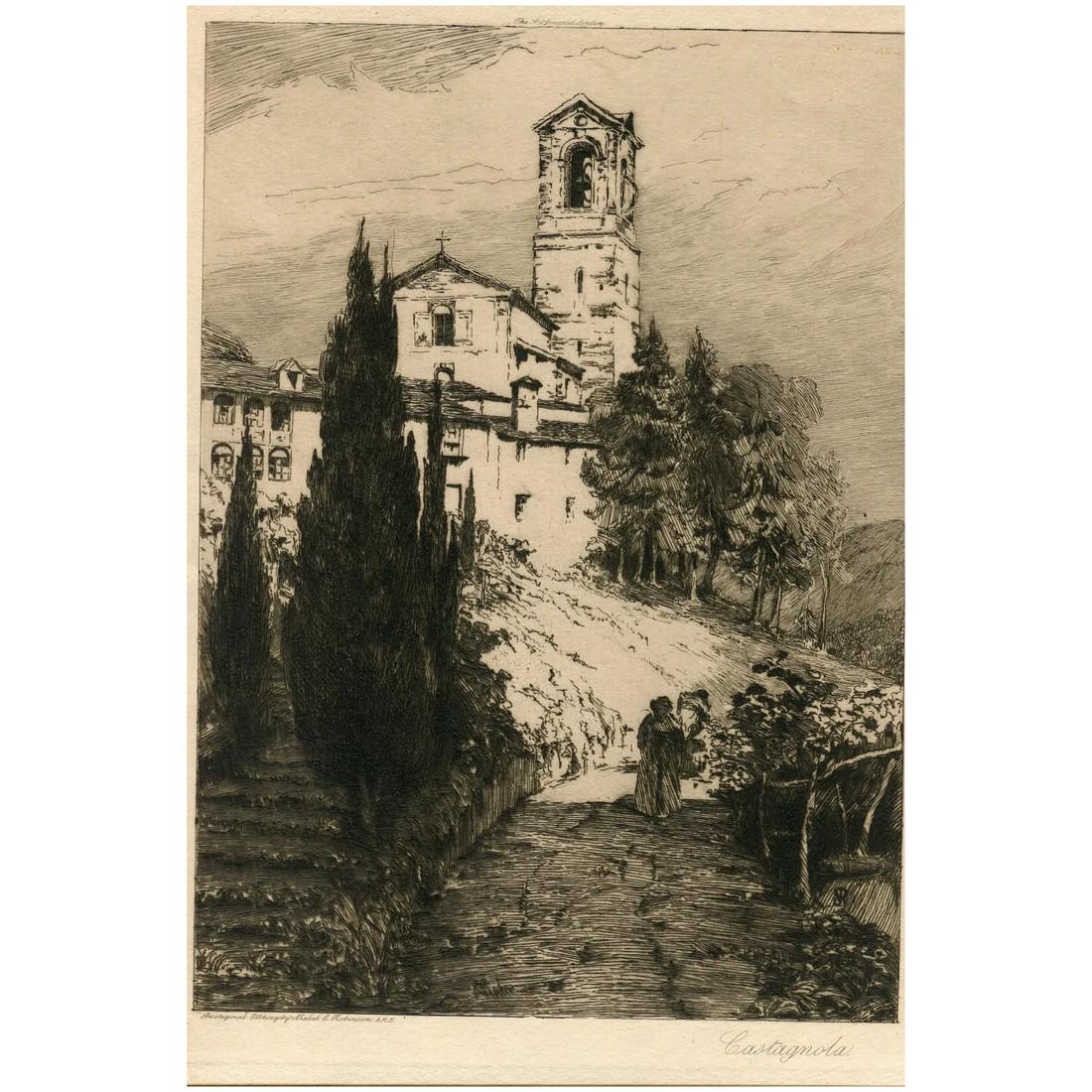 Saint George Church in Castagnola (Switzerland). Antique etching by Mabel Catherine Robinson, 19th: Title: Castagnola. Switzerland Artist and etcher: Mabel Catherine Robinson (1875-1953). Description: etching from 19th century with the Saint George Church of Castagnola in Switzerlad. Plate size: 27,