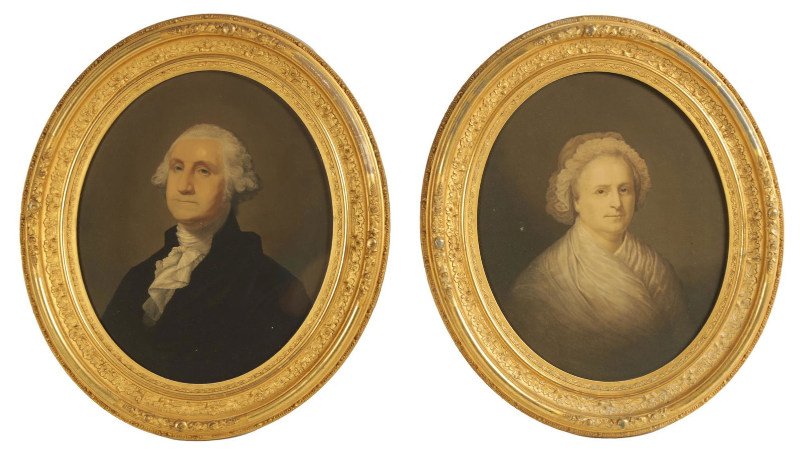 George Washington & His Wife - Pair of 19th Century American Portraits, c. 1863: A pair of early chromolithographs of George Washington and his wife By E.C Middleton After Gilbert Stuart oil on canvas, framed old labels on reverse in glazed oval moulded frames each image: 15.5 x 1