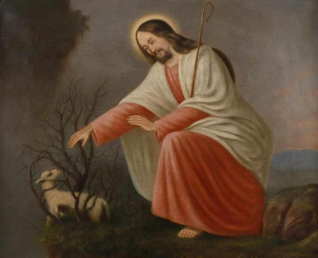 The Good Shepherd Antique German Oil Painting on Canvas Christ with Lamb: The Good Shepherd German School, circa 1900 oil painting on canvas, framed canvas: 19.75 x 24 inches framed: 25 x 30 inches Beautiful oil painting depicting Christ with a lamb in the wilderness. The s