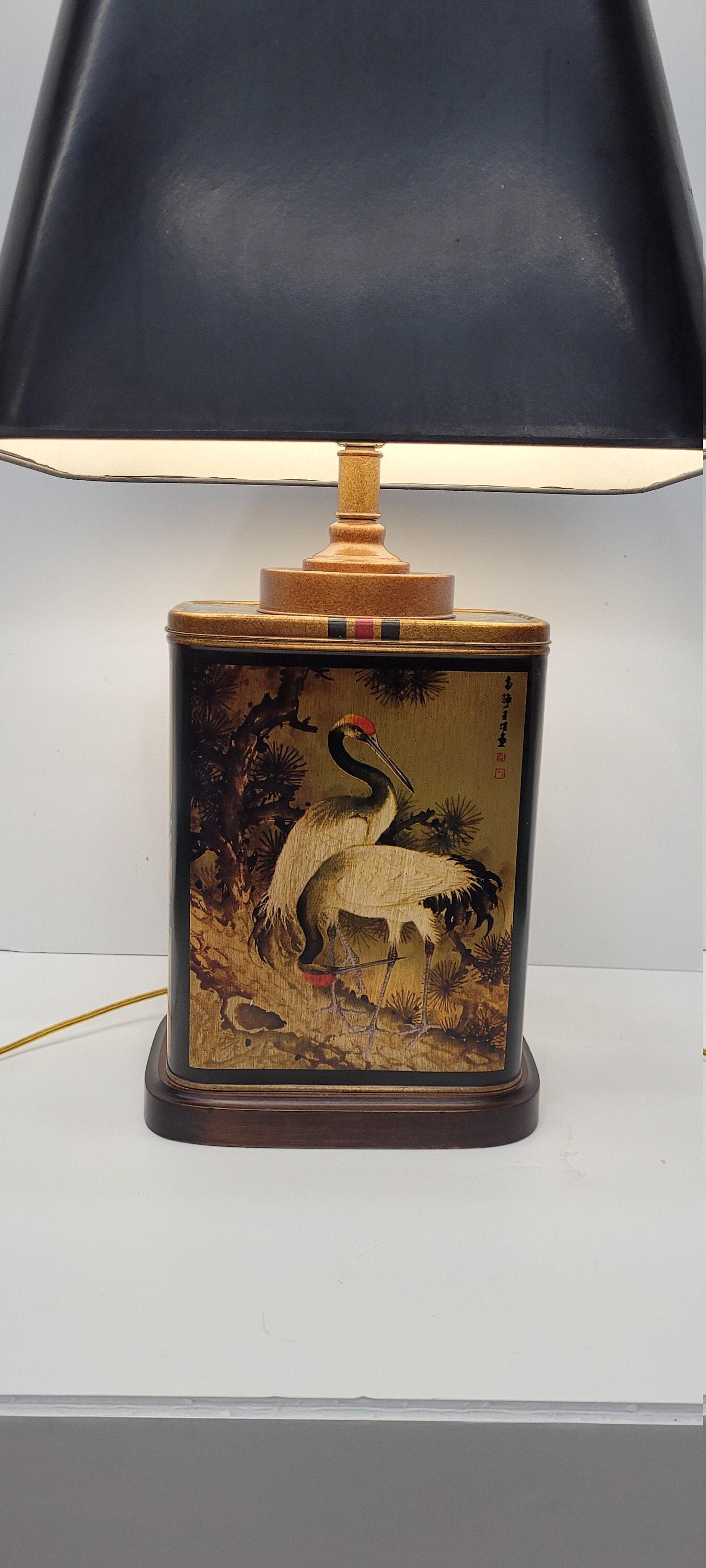 Vintage Frederick Cooper Table Lamp Asian Black Gold Tin Chinese Cranes Chinoiserie Tea Canister: Vintage from the 1980s Materials: Metal Width: 16 inches Height: 26 inches Depth: 16 inches Description Vintage Frederick Cooper Table Lamp Asian Black Gold Tin Chinese Cranes Chinoiserie Tea Canister