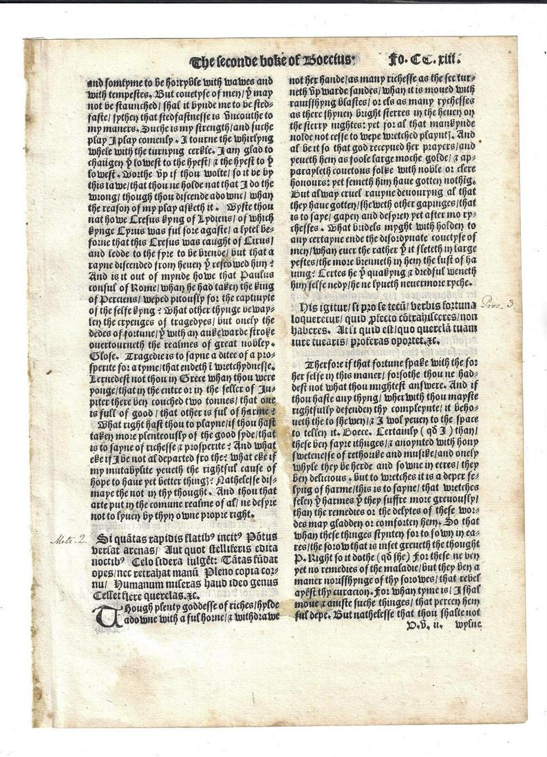 1532 Leaf English Works of Chaucer Boecius: A rare leaf from an early English printing of "The Seconde Boke of Boecius" of Chaucer. Printed by Thomas Godfray, London, 1532. Folio Ccxiii. Mounting trim on verso. Fine condition, measures 8 x 11".