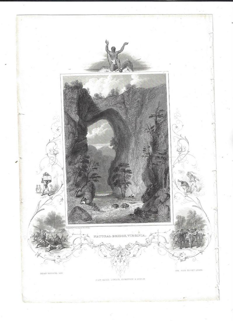 1850 Engraving Virginia Slavery Natural Bridge: An interesting engraving of "Natural Bridge, Virginia", by Tallis and Co., London circa 1840. Interesting vignettes including some depicting slavery. Fine, measures 7.5 x 10,5". Reserve: $20.00 Shippi