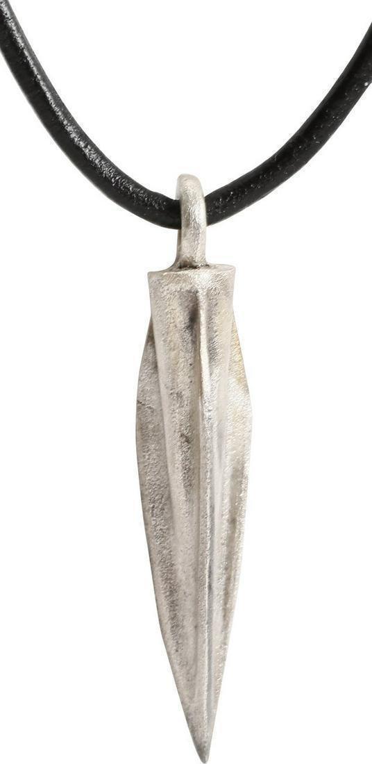 ACHAEMENID MILITARY ARROWHEAD NECKLACE, C.550 - 330 BC: C.550 - 330 BC. Just under 1 ½” length with delicate trilobite veins on the conical socket. The Achaemenid was the first Persian empire and the primary rivals of the Greeks, culminating in 
