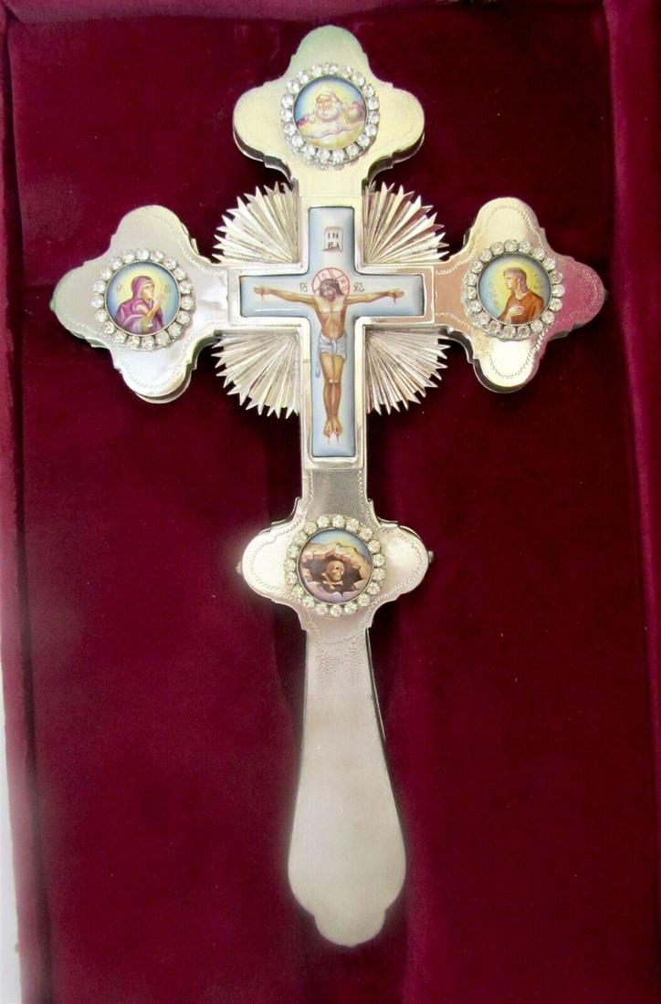 GREEK - RUSSIAN ORTHODOX CHURCH ENAMELED BLESSING CROSS in ORIGINAL BOX (1 of 10)