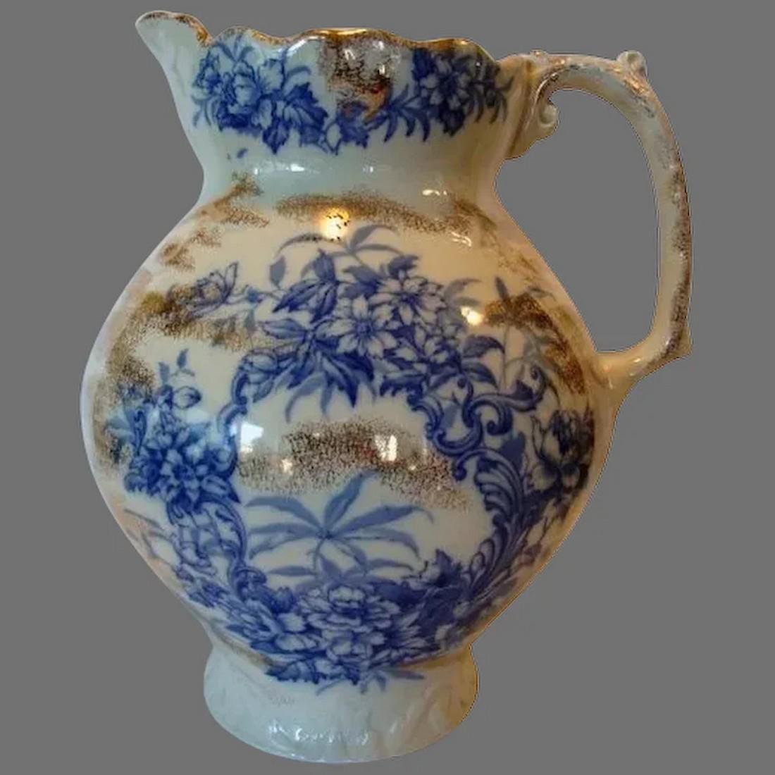 Amazing Earthenware Water Pitcher ~ Blue Floral Transfers ~ Alaska Pattern ~ C. & H. Cockson & (1 of 9)