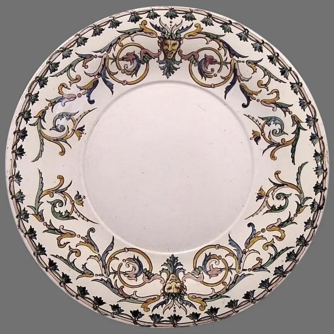 Platter or Chop Plate~ 12" French Faience / Majolica RENAISSANCE ~ Gien France1871-1875: Platter or Chop Plate~ 12" French Faience / Majolica RENAISSANCE ~ Gien France1871-1875 This is a wonderful very old platter or Chop Plate made by the French Majolica / Faience Company known as Gien.