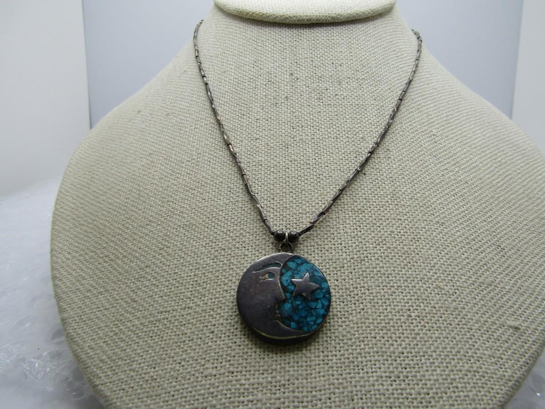 Vintage Sterling Moon & Turquoise Chip Necklace, Mexico, 15.75", Signed (1 of 8)