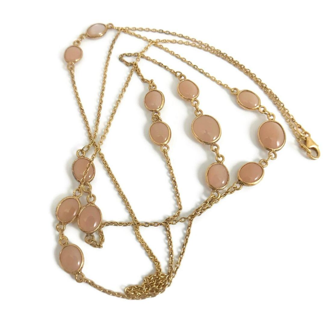 Long Peach Moonstone Station Necklace Yellow Gold-Plated Sterling Silver 9.46 Gr (1 of 11)