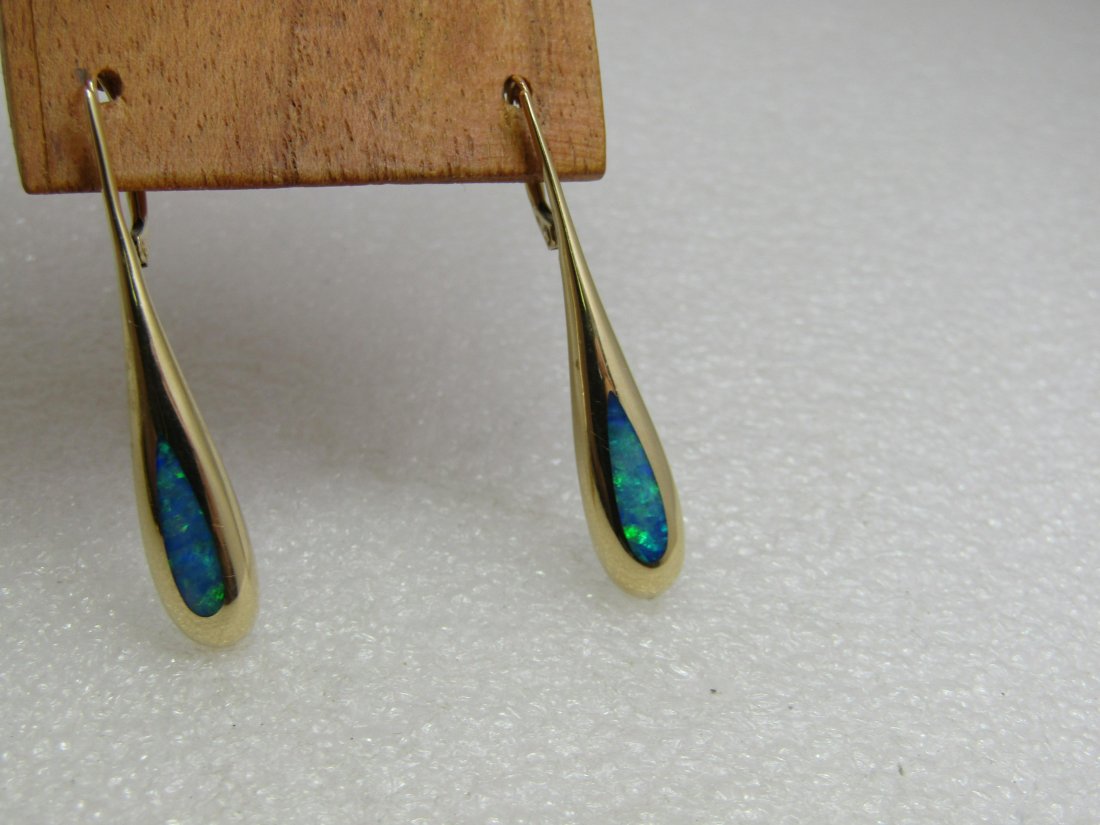 14kt Australian Opal Long Leverback Earrings, B&H Bagley & Hotchkiss, 1-5/8" (1 of 1)