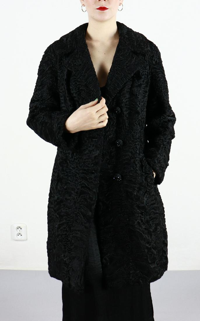 BLACK PERSIAN BROADTAIL LAMB FUR COAT EU: L ; US: 16 (1 of 11)