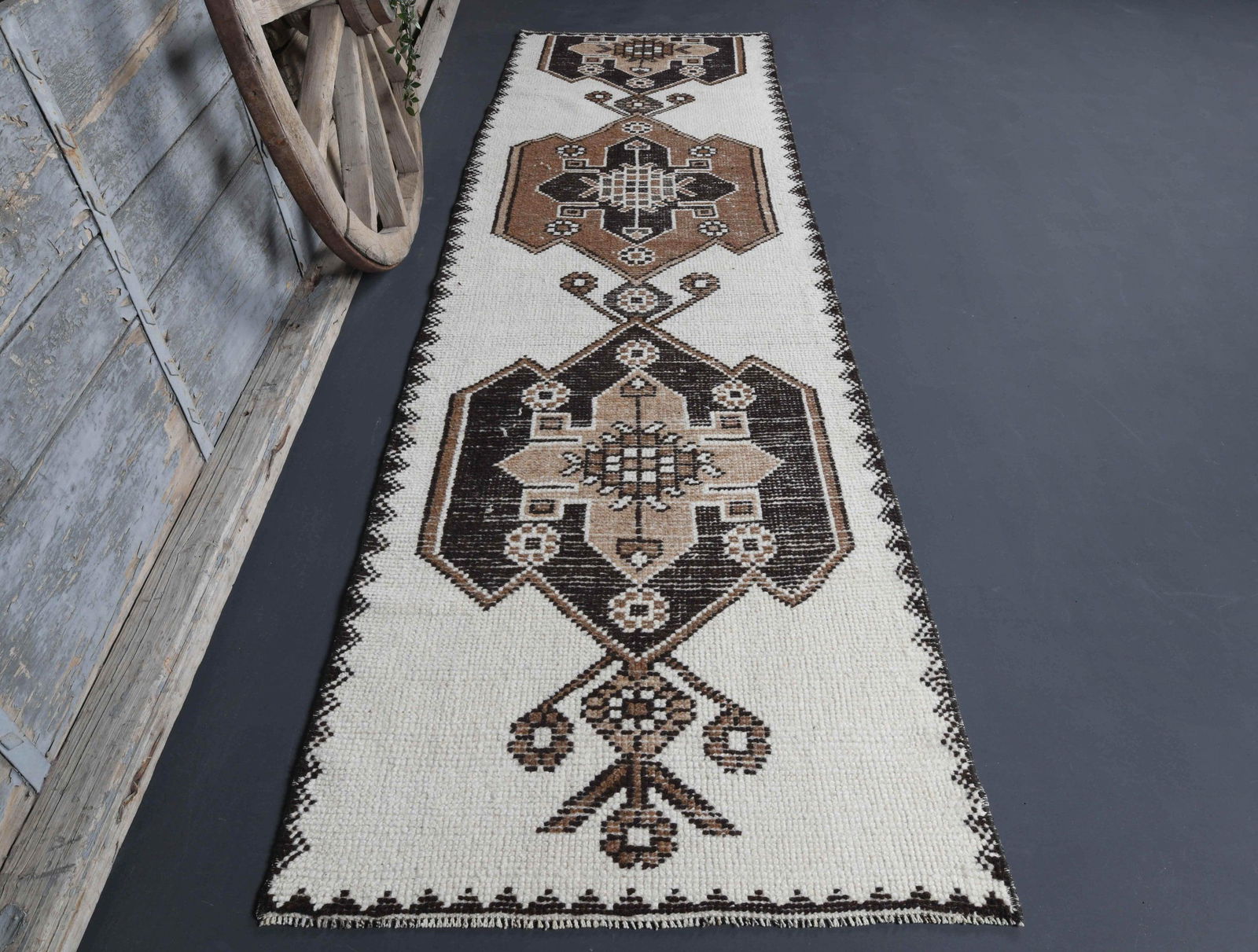3x10.3 Turkish Antique Faded Natural Geometric Rug: Title: 3x10.3 Turkish Antique Faded Natural Geometric Rug Origin: Turkey Date/Period: 1960 - 1970 Dimension: Width: 3 feet Length: 10.3 feet Materials: Wool And Cotton Description: This Turkish Rug on