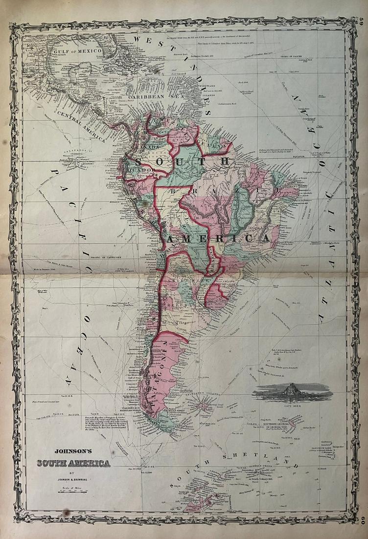 1861. South America with routes of expeditions. By Johnson and Browning $100: Title: 1861. South America with routes of expeditions. By Johnson and Browning $100 Date/Period: 1861 Materials: Steel engraved Size: 26 x 18” Fascinating maps shows the routes of many explorers