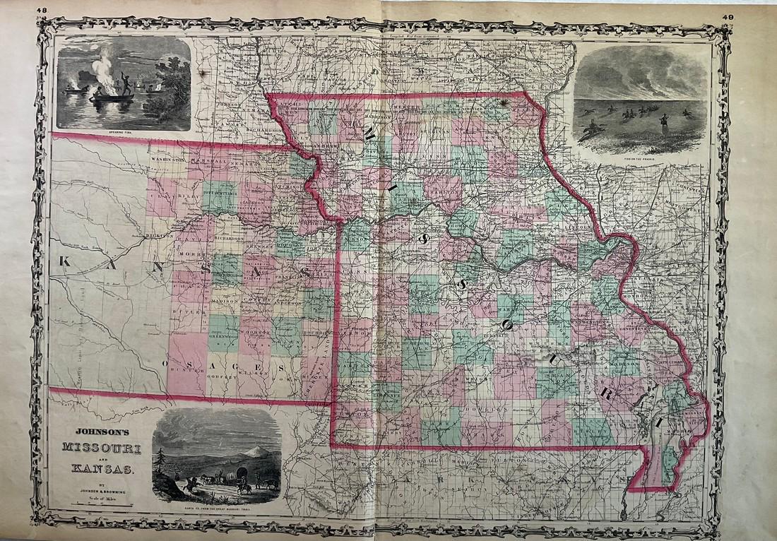 1861 Missouri and Kansas. By Johnson and Browning: Title: 1861 Missouri and Kansas. By Johnson and Browning Date/Period: 1861 Materials: Steel engraved Size: 26 x 18” Shows counties while western Kansas is not divided into counties at this point