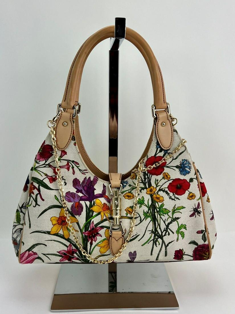 GUCCI Handbag Canvas Flora Floral Bardot Multicolor Satchel Bag Added Chain C29 (1 of 12)