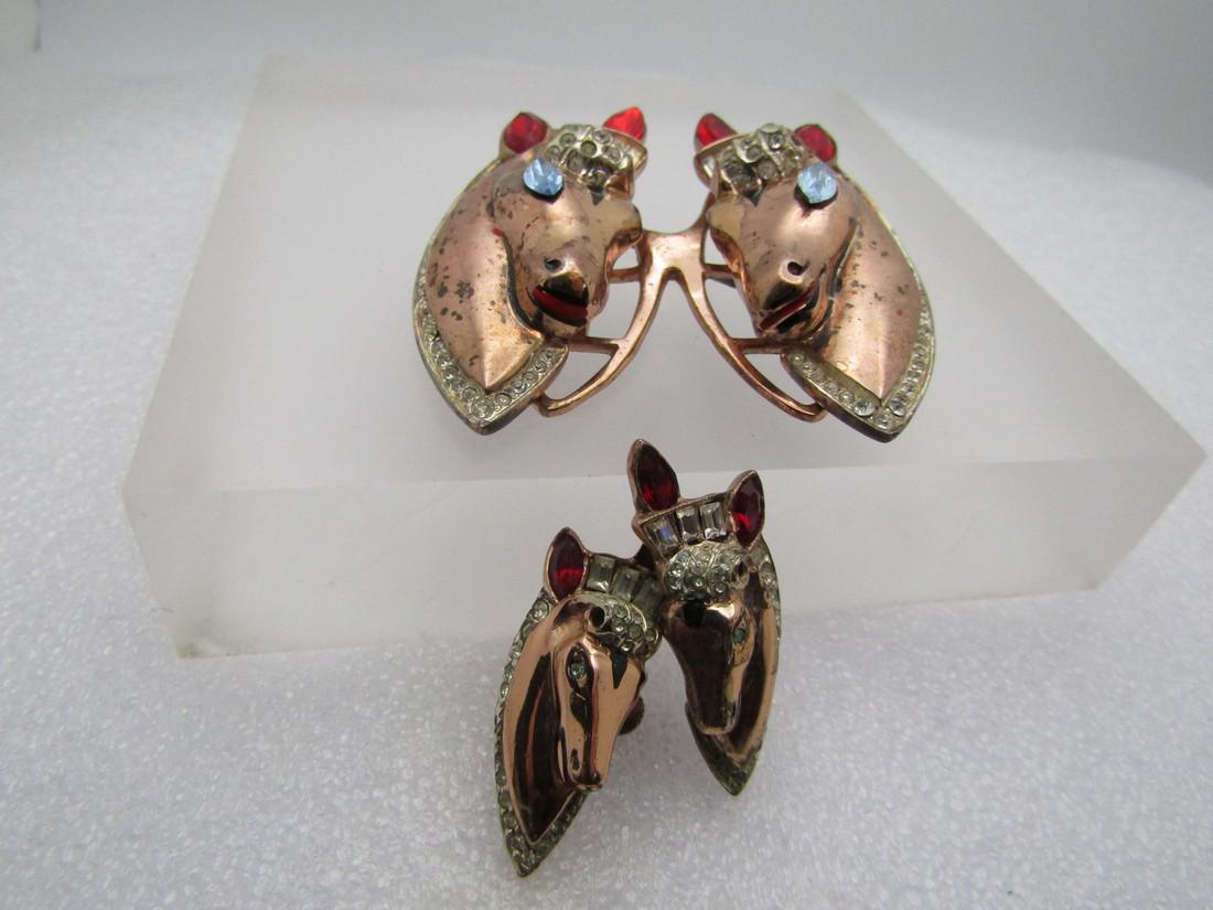 Vintage Coro Rhinestone Horse Duette Fur Clips, & Earrings, 1930's (1 of 8)