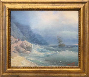 Aivazovsky, Ivan - Attributed to - oil on canvas: Description After Ivan Konstantinovich Aivazovsky - attributed to - (RUSSIAN FEDERATION / UKRAINE, 1817 - 1900) oil painting on canvas depicting a marine seascape scene with ship in choppy waters