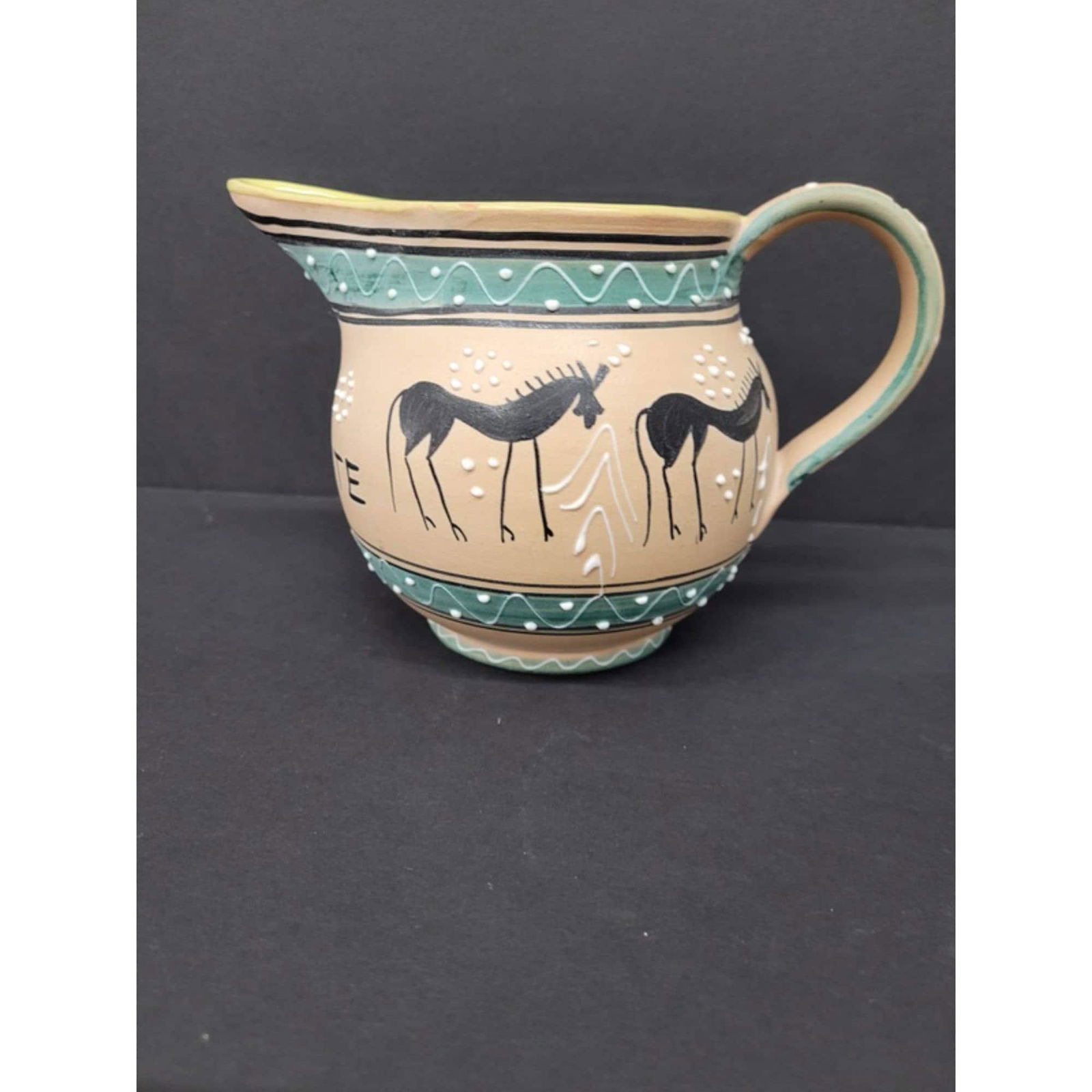Mid Century Italy A V Ristovante Art Pottery MCM Black Horses Cremer Small Vase pitcher teal yellow (1 of 8)