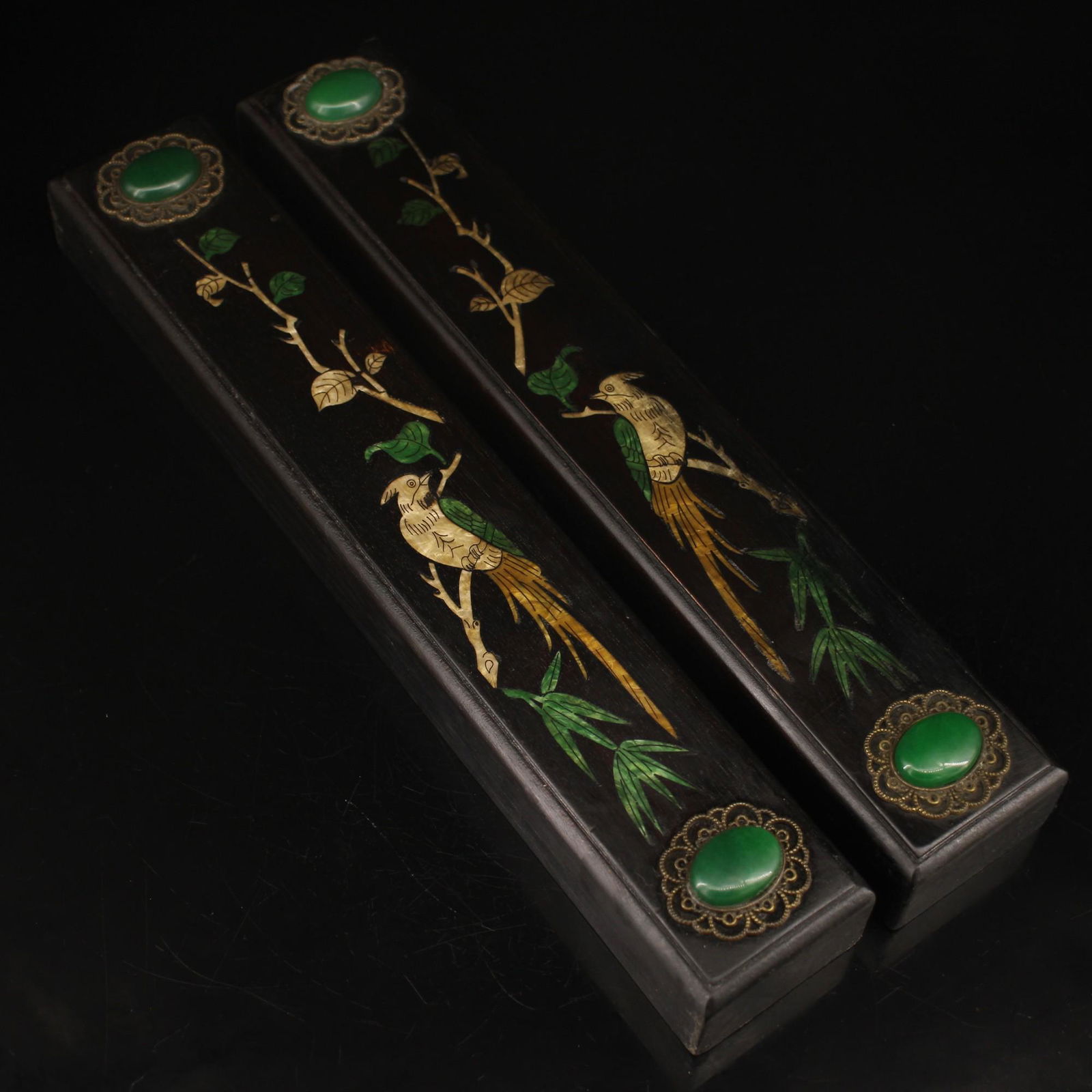 A Pair Chinese Zitan Wood Inlay Shell & Green Jade Paperweights (1 of 9)