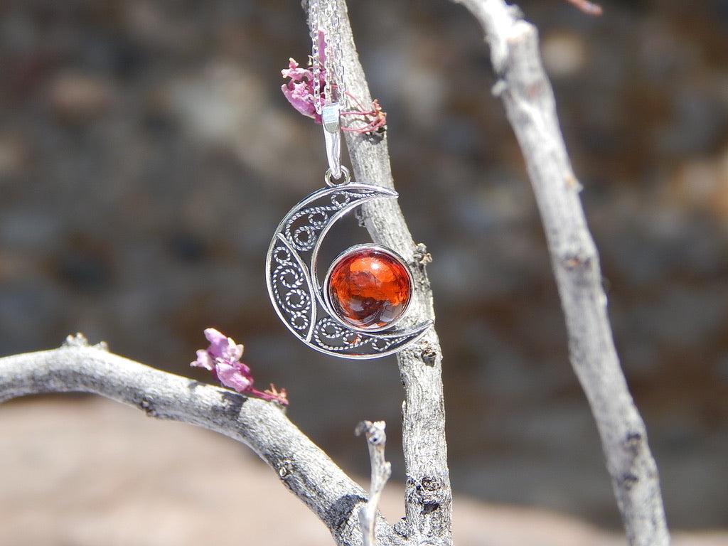 Natural Baltic Cherry Amber Moon Pendant Necklace in .925 Silver (1 of 9)