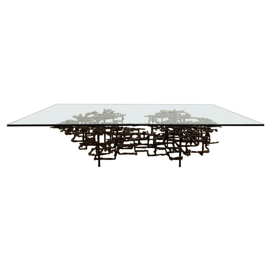 Daniel Gluck Brutalist Sculptural Coffee Table, Mid-Century Modern, Bronze: Studio made coffee table by American artist/sculptor Daniel Gluck, "The Maze" circa 1970s. Signed Bronze, Glass American, 1970s Other American designers of the period include Adrian Pearsall, Milo Bau