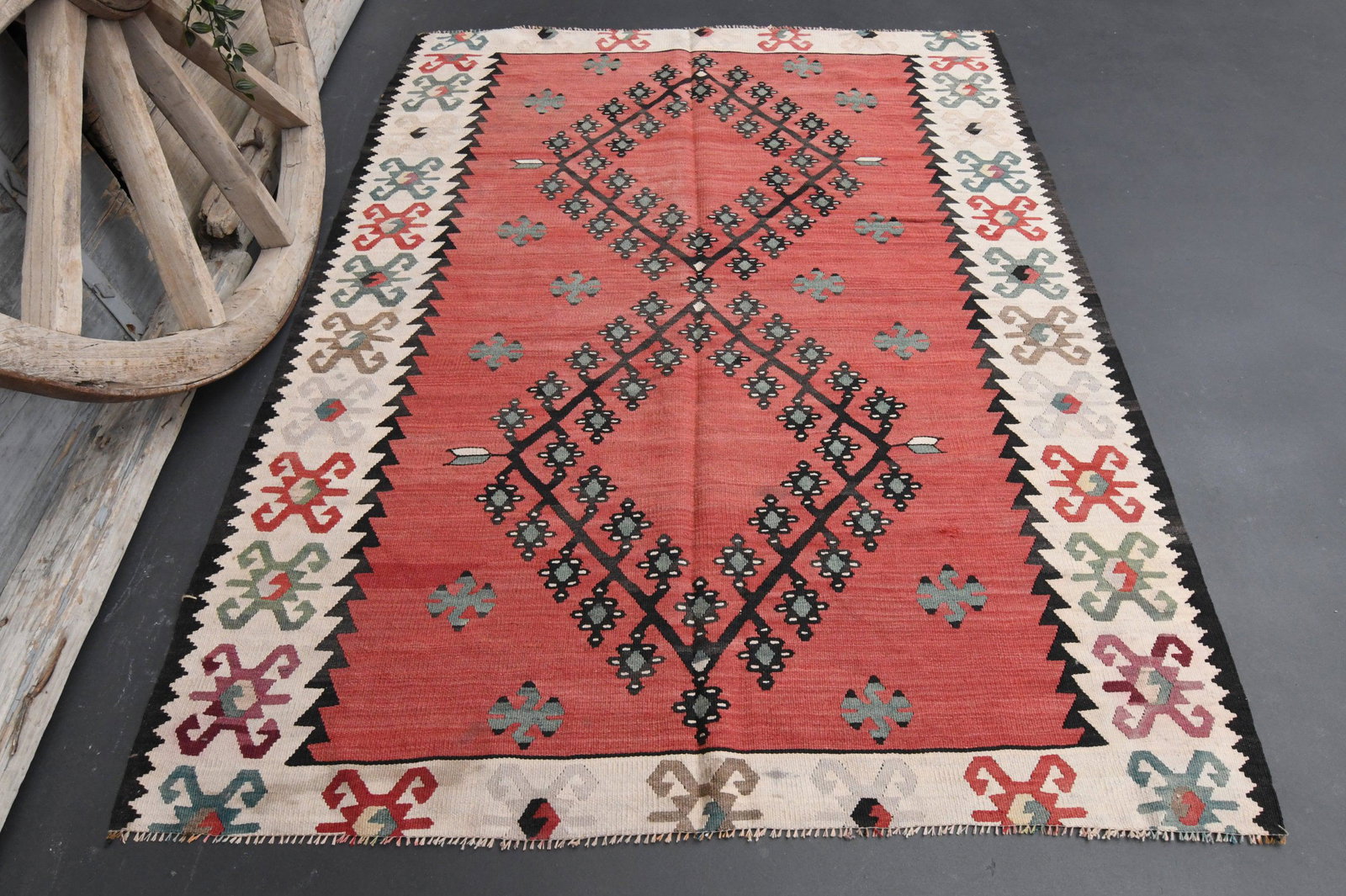 4'4x5'8 Hot Pink Area Pink Turkish Rug: Title: 4'4x5'8 Hot Pink Area Pink Turkish Rug Origin: Turkey Date/Period: 1960 - 1970 Dimension: Width: 4.4 feet Length: 5.8 feet Materials: Wool And Cotton Description: This Turkish Rug one-of-a-kind