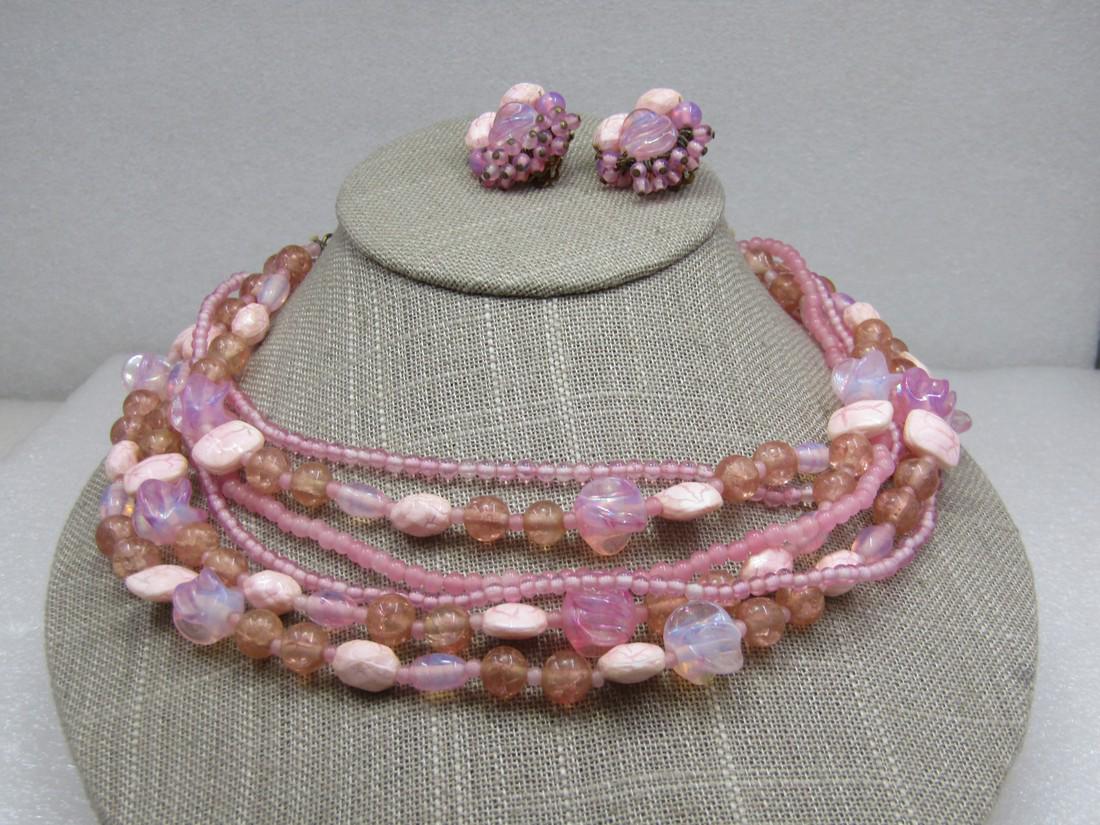 Vintage Japan Pink Multi-Strand Necklace & Earrings Set, Clip, 14"-16". (1 of 8)
