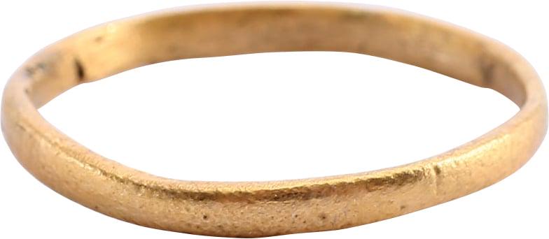 VIKING WOMAN’S WEDDING RING C.850-1050 AD 5 1/4: Silvered bronze size 5 1/4 for wear on the small finger as was the custom. 1.8mm width with well rounded face. Professionally refurbished with the 24karat gold surface restored. See the reference imag